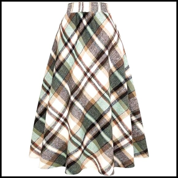 Wool Plaid Skirt High Waist A-Line Pleated Midi Casual Fall Winter - Picture 2 of 6